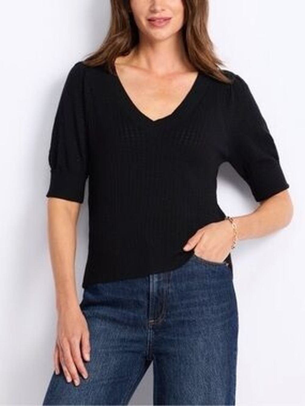 Les Serein Bollo Pointelle Sweater Women's Black V Neck Puff Sleeve Knit Size XS